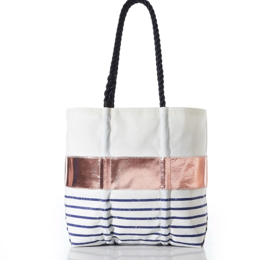 Stylish White and Blue Striped Tote Bag with Rose Gold Accent